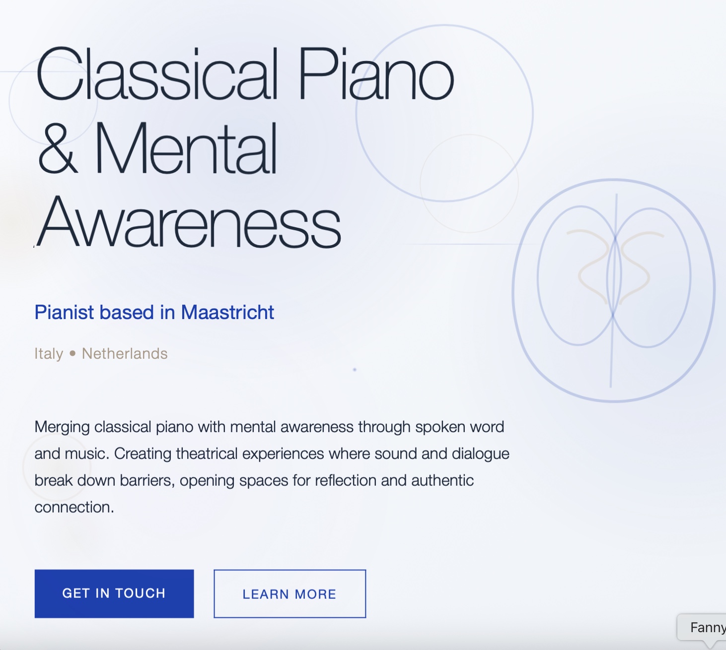 Classical piano and mental health awareness website design - elegant performance platform merging music with spoken word